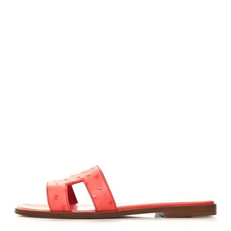 HERMES Ostrich Oran Sandals 37.5 Rouge Corail